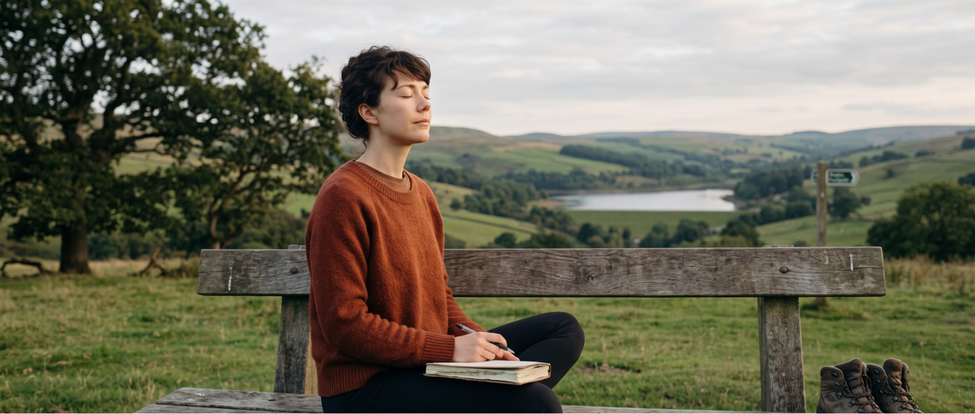 Woman meditating on rustic bench with notebook in scenic countryside landscape